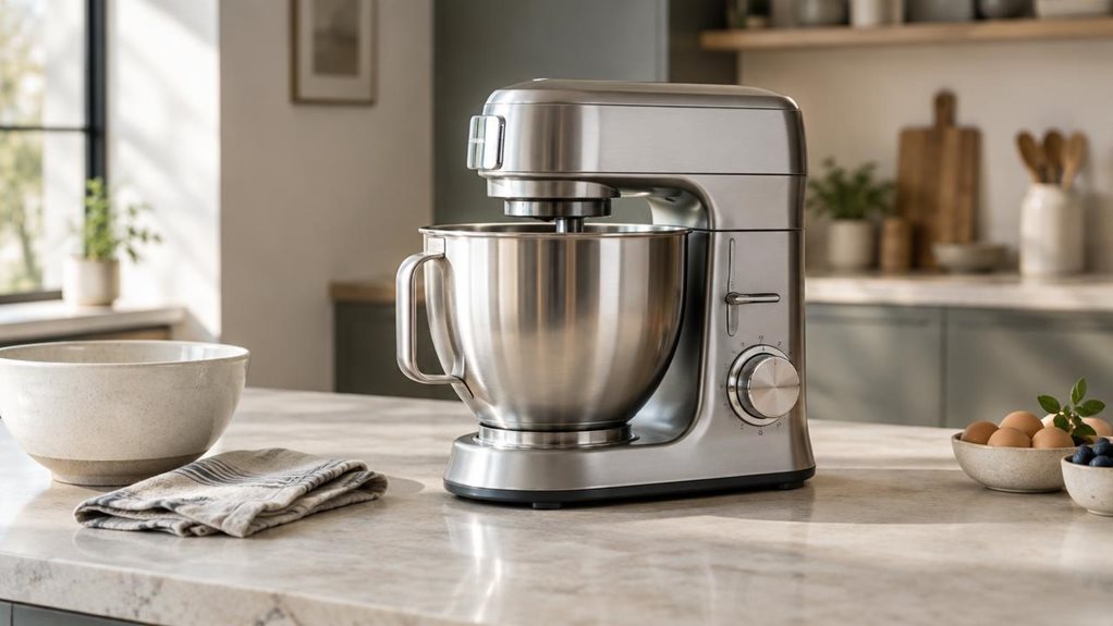 A photograph of a sleek high-performance countertop mixer placed naturally on a modern kitchen island, captured in a horizontal 16:9 landscape composition. The appliance sits beside a ceramic bowl, a folded linen towel, and a small bowl of fresh ingredients, suggesting everyday home use without any staged action. Soft morning light streams through a nearby window, creating gentle highlights across the brushed metal finish and subtle shadows on the pale stone countertop. The b