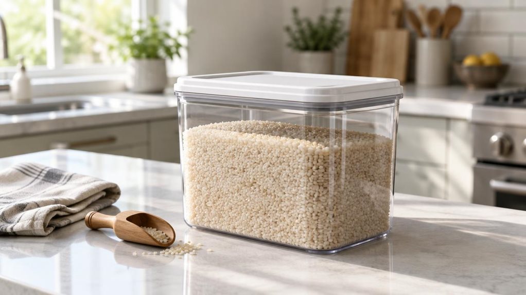 A photograph of a single clear 1.6 L dry storage container resting on a clean, sunlit kitchen counter, composed horizontally in a 16:9 landscape frame. The container is the hero, shown at a natural three-quarter angle with its simple, snug-fitting lid in place; pale grains are visible through the transparent sides, with a few subtle reflections that make the plastic look realistic. Nearby, a folded linen towel and a small wooden scoop suggest everyday kitchen use without feel