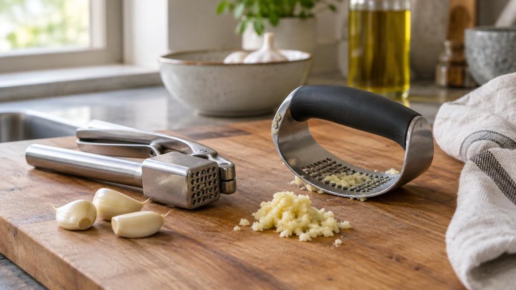 A photograph of a stainless steel garlic press and chopper resting naturally on a warm wooden cutting board in a modern, softly lit kitchen, framed in a horizontal 16:9 landscape composition. The product is heroed in the foreground with subtle scuffs and realistic metal reflections, beside a few peeled garlic cloves, a small pile of minced garlic, and a linen towel casually draped nearby. In the softly blurred background, there are muted countertop details, a ceramic bowl, an