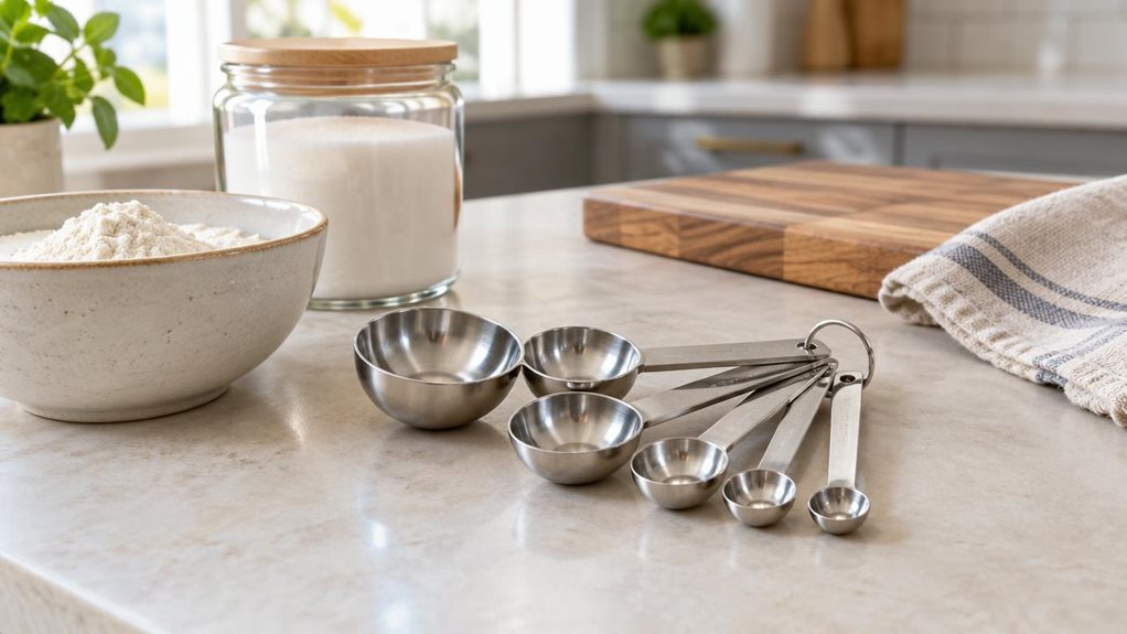 A photograph of a single set of five stainless-steel measuring spoons resting naturally on a pale stone kitchen counter, arranged in a loose, casual fan beside a small ceramic bowl of flour and a glass jar of sugar. The spoons are the clear hero, their polished surfaces catching soft window light and showing realistic reflections, fine brushed-metal details, and subtle shadows. A tidy, contemporary home kitchen sits in the background, with a wooden cutting board, a folded lin