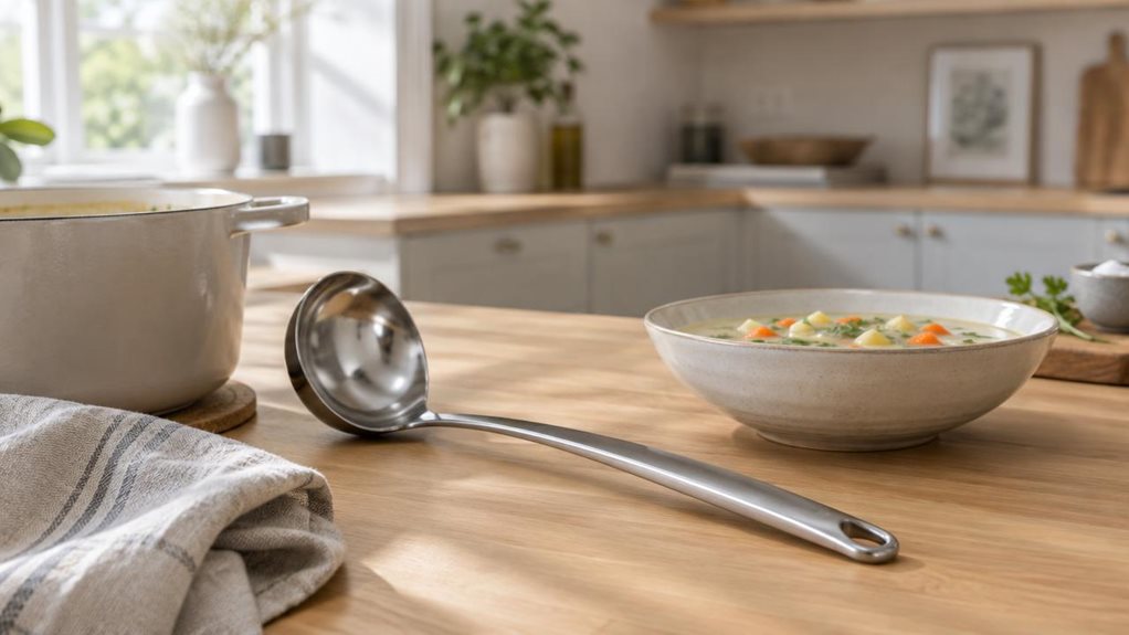 A photograph of a sleek stainless-steel soup ladle resting casually beside a ceramic pot on a light oak kitchen counter in a bright, modern Swedish kitchen, composed in a horizontal 16:9 landscape frame. The ladle is the clear hero of the scene, positioned naturally near a linen tea towel and a shallow bowl of creamy vegetable soup, as if just set down after serving. Soft daylight streams through a nearby window, creating gentle highlights on the polished metal and subtle sha