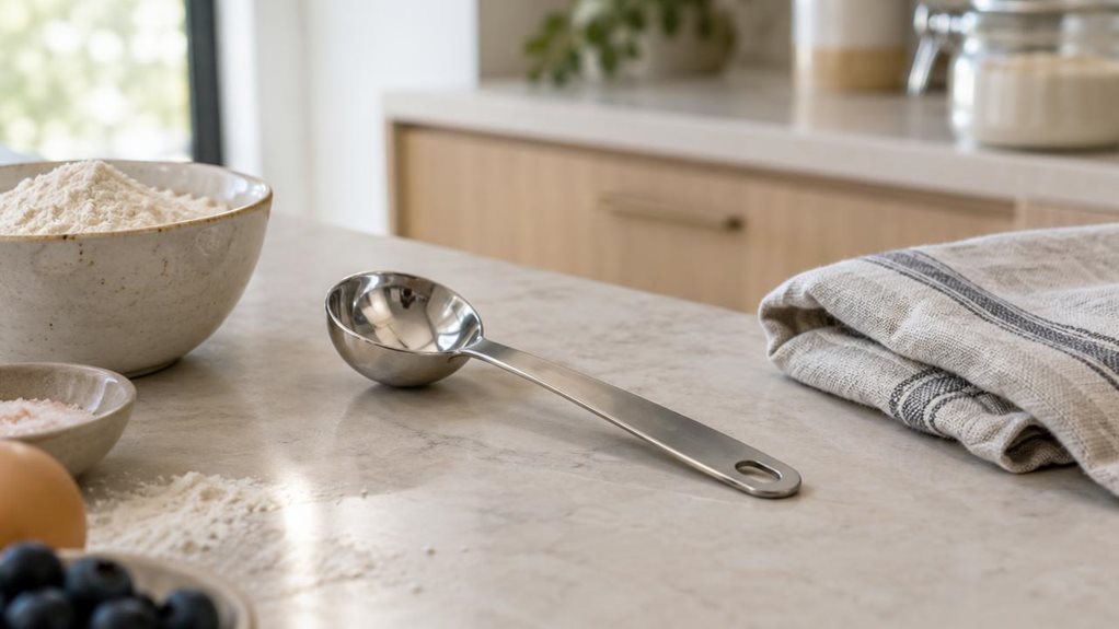 A photograph of a single stainless steel measuring spoon resting on a pale stone countertop in a calm, modern kitchen. The spoon is the clear hero, placed diagonally beside a small ceramic bowl of flour and a folded linen tea towel, with its polished surface catching a soft glint of window light. A few subtle baking ingredients nearby suggest everyday use, while the scene remains still and observational rather than staged mid-action. In the softly blurred background, light wo