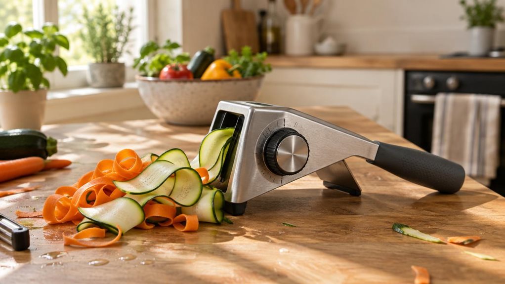 A photograph of a sleek stainless steel adjustable vegetable slicer resting on a wooden kitchen countertop, positioned slightly off-center in the frame. Thin ribbons of zucchini and carrot curls spill casually beside it on a small pile, catching the light. The slicer's dial mechanism is visible, showing fine adjustment grooves, with a matte handle textured for grip. Morning sunlight streams in from a nearby window, casting soft diagonal shadows across the countertop and highl