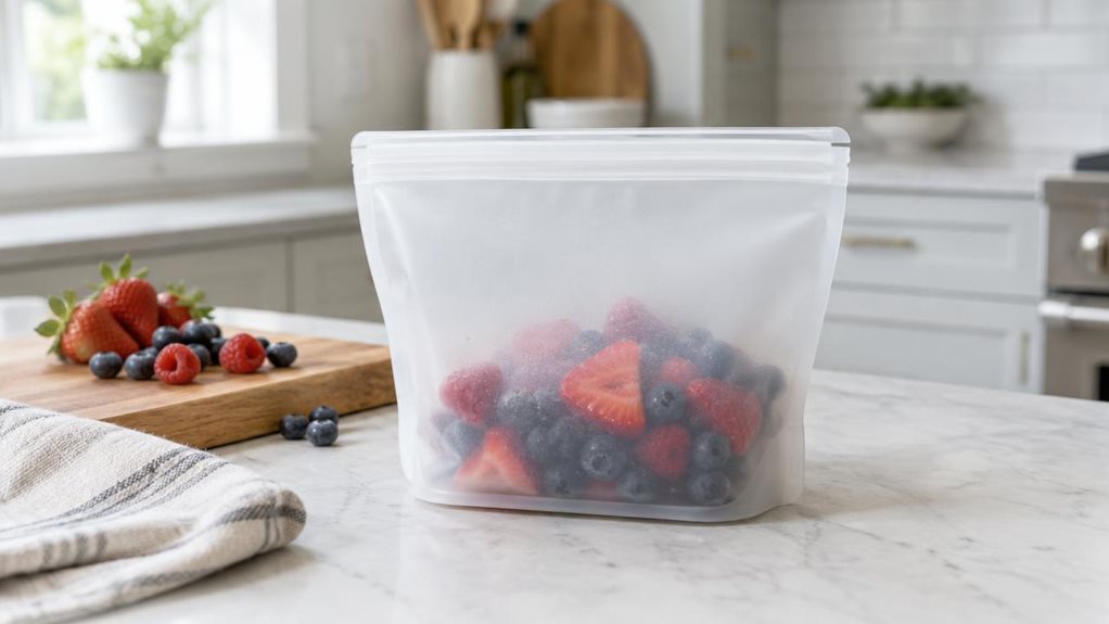 A photograph of a single reusable silicone food storage bag displayed as a lifestyle product on a bright modern kitchen countertop, captured in a horizontal 16:9 landscape frame. The translucent bag sits casually beside a wooden cutting board, a few berries, and a folded linen towel, suggesting everyday use without any action taking place. Soft natural window light washes across the matte silicone surface, revealing subtle texture, rounded seams, and a clean zip-top closure.