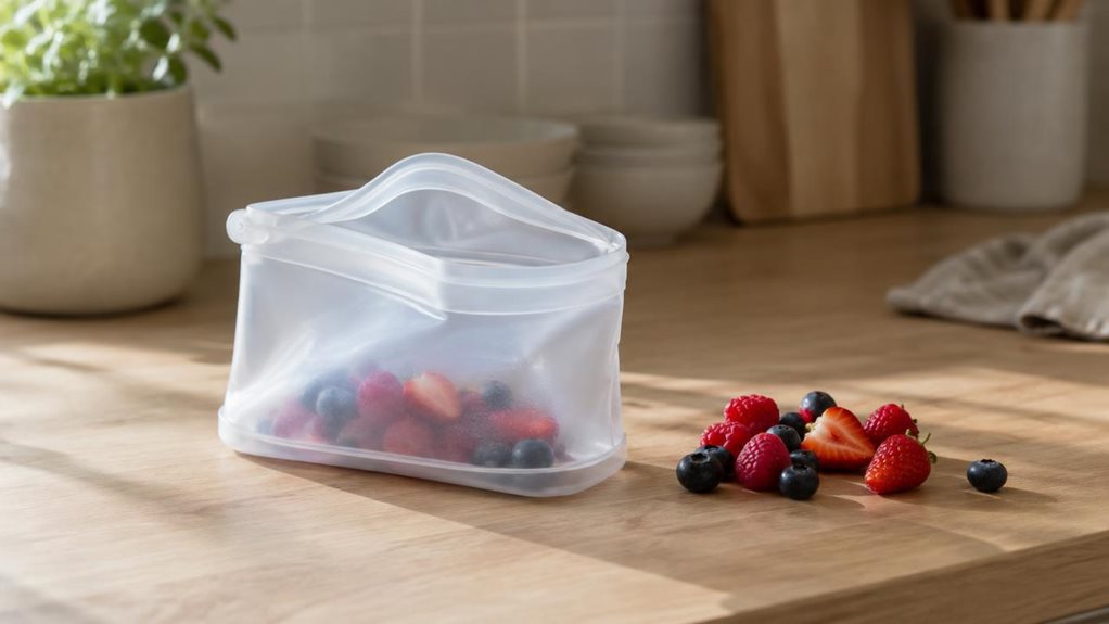 A photograph of a single generic foldable silicone food storage bag resting on a light oak kitchen counter in a horizontally composed 16:9 landscape scene, styled as candid lifestyle product photography. The translucent, matte-finish bag sits partially open beside a small pile of fresh berries, suggesting everyday use in a modern, minimalist kitchen. Soft morning light streams in from an off-frame window, creating gentle highlights along the flexible silicone folds and subtle