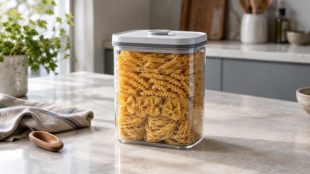 A photograph of a single clear vacuum food container resting on a light stone countertop in a calm, modern kitchen. The container is filled with neatly layered dry pasta and topped with a simple, matte lid and subtle vacuum-seal valve, with no logos or lettering. Nearby, a folded linen towel and a small wooden scoop sit naturally within the scene, adding a lived-in feel without distracting from the product. The composition is horizontal in a 16:9 landscape format, with the co