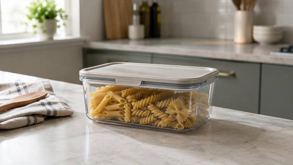 A photograph of a single airtight food storage container resting on a light stone kitchen counter, framed in a horizontal 16:9 landscape composition. The clear, rectangular container has softly rounded corners, a secure-fitting neutral-toned lid, and a realistic seal detail; it holds a small assortment of dry pasta, visible through its transparent sides. A folded linen towel and a wooden utensil sit nearby, suggesting an everyday home kitchen without distracting from the prod