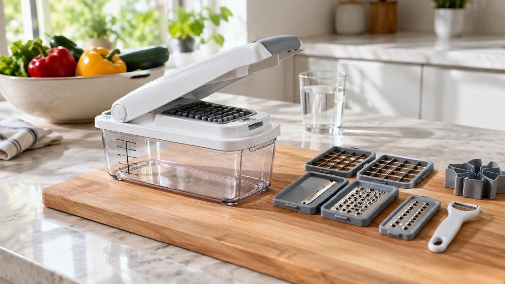 A photograph of a compact 7-in-1 vegetable cutter resting on a clean wooden cutting board in a bright, modern kitchen, framed in a horizontal 16:9 landscape composition. The product is heroed naturally on the countertop, with a sleek white body, clear container, and neatly arranged interchangeable blades visible beside it, suggesting everyday meal prep without any active use. Soft morning light pours in from a nearby window, creating gentle highlights on the glossy surfaces a