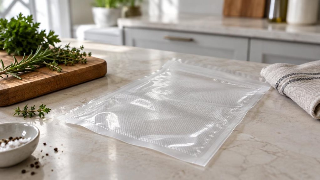 A photograph of a single clear embossed vacuum pouch, approximately 200 × 250 mm, resting on a pale stone kitchen counter beside a wooden cutting board. The pouch is empty and neatly flattened, its subtle diamond-textured surface catching the light and its sealed edges clearly visible. A few fresh herbs and a folded linen towel nearby suggest an everyday home-kitchen setting without distracting from the product. The scene is horizontally composed in a 16:9 landscape frame, wi
