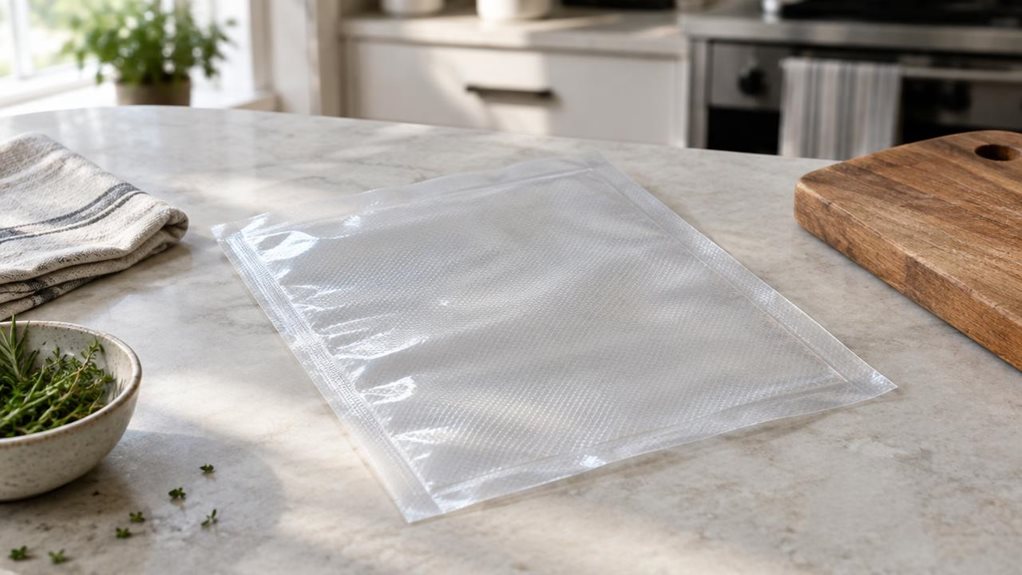 A photograph of a single clear embossed vacuum pouch, approximately 250 × 300 mm, resting on a pale stone kitchen counter beside a wooden cutting board. The empty pouch is the hero, its subtle textured channels and sealed edges visible in the soft daylight; its transparent film catches a few gentle highlights without looking glossy or artificial. A folded linen towel and a small bowl of herbs sit nearby, suggesting a practical home-kitchen setting without distracting from the
