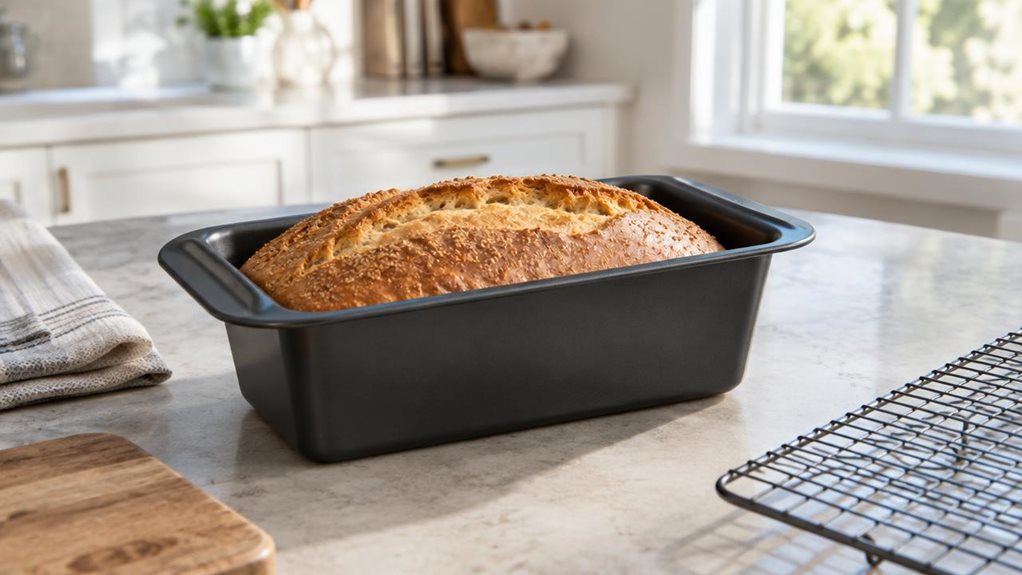 A photograph of a single dark graphite Gerlach 1760 Flow loaf pan resting on a pale stone kitchen counter beside a cooling rack, with a freshly baked golden-brown loaf inside. The pan is the clear hero, its gently flared sides, smooth nonstick finish, and subtle molded rim rendered in crisp detail. A folded linen tea towel and a small wooden board sit nearby, adding a relaxed, lived-in touch without distracting from the cookware. In the softly blurred background, a bright mod
