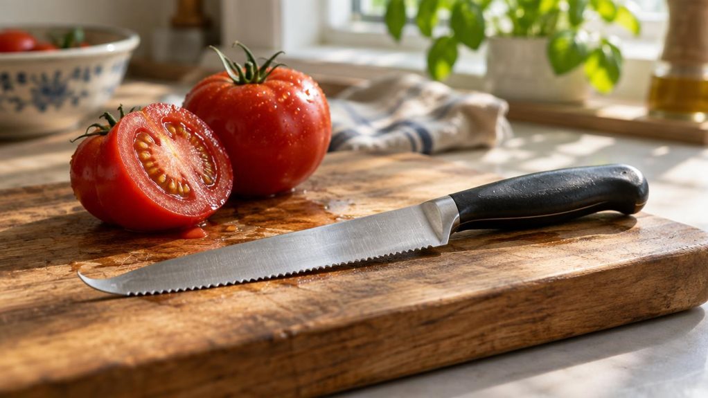 A photograph of a single serrated tomato knife resting diagonally across a wooden cutting board on a sunlit kitchen counter. The blade's fine serrations catch soft morning light streaming in from a nearby window, highlighting the brushed steel texture and the knife's slightly curved tip. The handle, dark and ergonomically contoured, shows subtle wear marks suggesting regular use. Beside the knife, two ripe tomatoes sit uncut, their red skins glistening slightly, with one toma