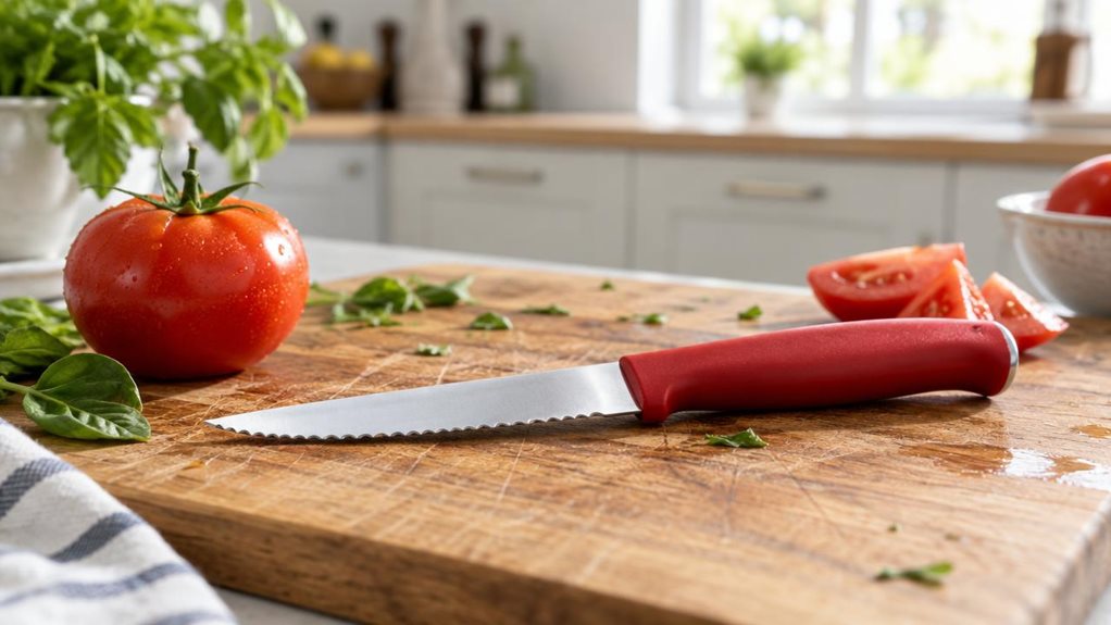 A photograph of a single tomato knife resting on a well-used wooden cutting board in a bright, modern home kitchen. The knife is the clear hero: its narrow, finely serrated stainless-steel blade catches a soft glint of daylight, while its comfortable red handle sits naturally beside a ripe tomato and a few scattered herb leaves. The scene feels quietly observed rather than staged, with the tools and produce arranged as if left after a leisurely meal preparation. In the softly