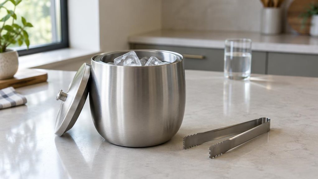 A photograph of a single stainless steel ice container resting on a pale stone countertop in a calm, modern kitchen. The container has a brushed-metal finish, softly rounded sides, and a fitted lid, with a pair of simple tongs placed neatly beside it. A few clear ice cubes are visible inside, catching the gentle daylight from a nearby window. In the softly blurred background, understated cabinetry and a glass of water suggest an everyday home setting. The scene feels candid a