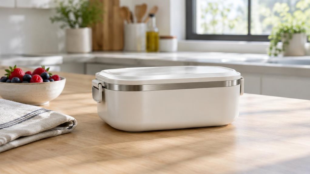 A photograph of a single pearl-white vacuum food container resting on a light oak kitchen counter, composed as a horizontal 16:9 landscape scene. Its softly rounded rectangular body, secure lid, and subtle brushed-metal details are clearly visible, with a faint sheen that suggests a clean, durable finish. Nearby, a folded linen napkin and a small bowl of fresh berries lend a casual, everyday feel without distracting from the container. In the softly blurred background, a brig