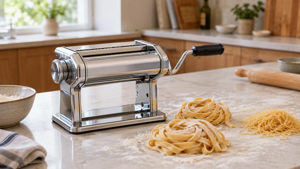 A photograph of a single stainless-steel pasta machine resting on a clean kitchen island, composed horizontally in a 16:9 landscape frame. The machine is the clear hero, with polished rollers, a sturdy hand crank, and a simple adjustment dial suggesting multiple thickness settings. A few neatly arranged nests of fresh fettuccine and thin pasta sit nearby, with a light dusting of flour on the countertop and a wooden rolling pin in the background. The scene feels naturally live