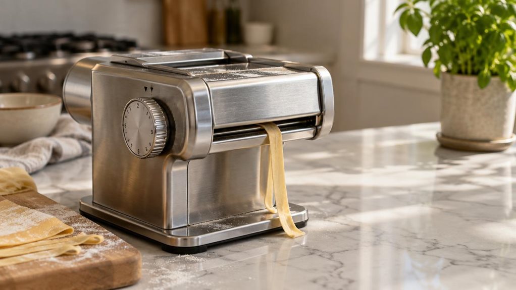 A photograph of a sleek stainless steel pasta machine resting on a sunlit kitchen countertop, its compact body angled slightly toward the camera to reveal a textured dial marked with multiple settings. A small portion of fresh pasta dough rests beside it on a lightly floured wooden board, with one cut strand of fettuccine draping naturally over the edge of the extrusion opening, as if just paused mid-task rather than actively being made. The counter is marble-patterned quartz