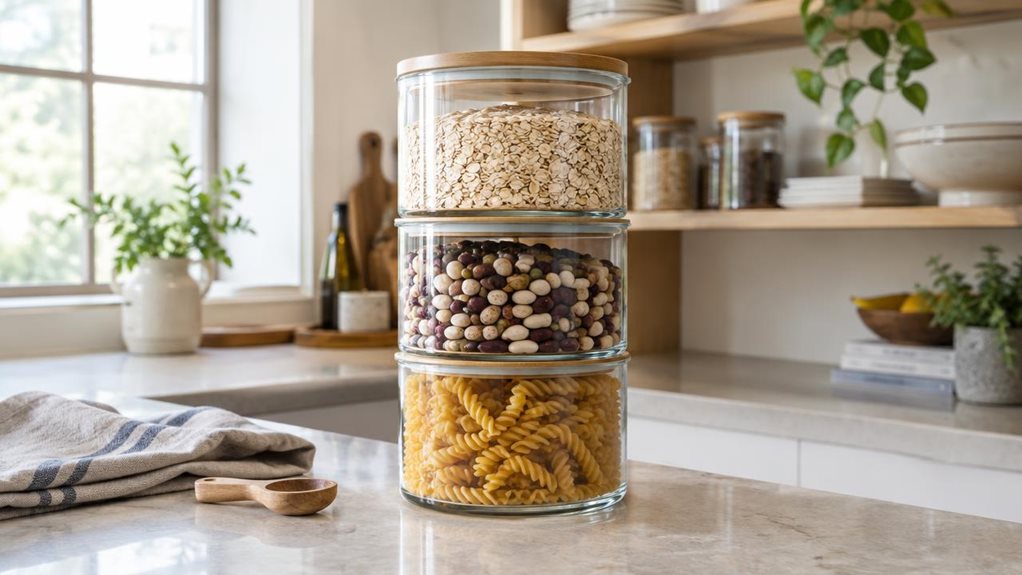 A photograph of a single multi-tier stackable glass storage jar set resting on a pale stone kitchen counter, composed as a horizontal 16:9 landscape scene. The clear jars are neatly stacked, each filled with pantry staples—oats, dried beans, and pasta—showing their textures through the glass. Simple, close-fitting lids and clean proportions give the set a practical, modern look. Nearby, a folded linen towel and a small wooden scoop add a lived-in touch without distracting fro