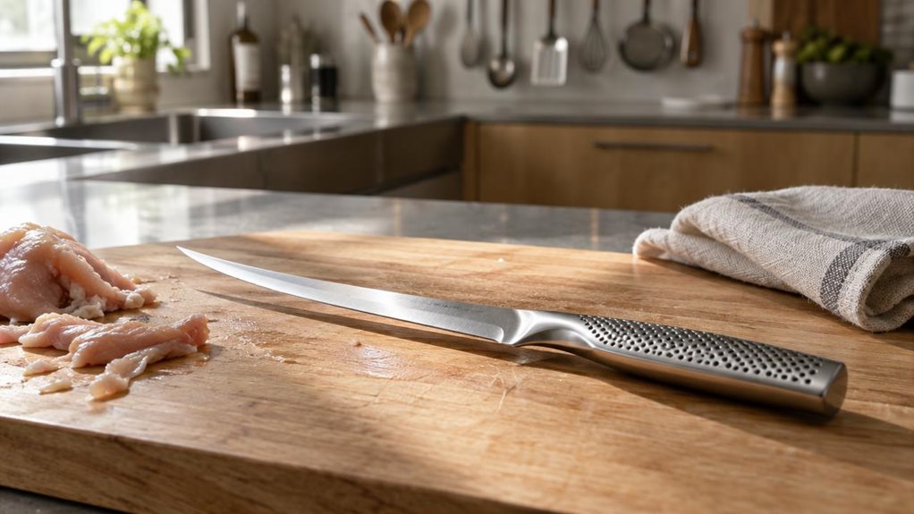 A photograph of a professional kitchen countertop in soft morning light, horizontally framed in a 16:9 landscape view. A slender, flexible boning knife with a distinctive seamless stainless steel handle and blade rests diagonally across a wooden cutting board, its thin, slightly curved blade catching a gleam of natural window light. Beside it, a few trimmed scraps of chicken and a folded linen kitchen towel suggest recent, unhurried use. The stainless steel handle shows the d