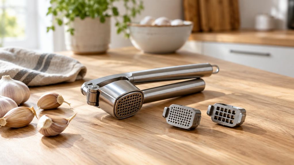 A photograph of a sleek stainless-steel garlic press resting naturally on a light oak kitchen counter in a bright, modern home kitchen, framed in a horizontal 16:9 landscape composition. The press is shown as a realistic everyday tool with two detachable attachment heads placed beside it, subtly suggesting versatility and easy cleanup, while a small scatter of unpeeled garlic cloves and a linen dish towel nearby reinforce the “no peeling” convenience. Soft natural daylight po