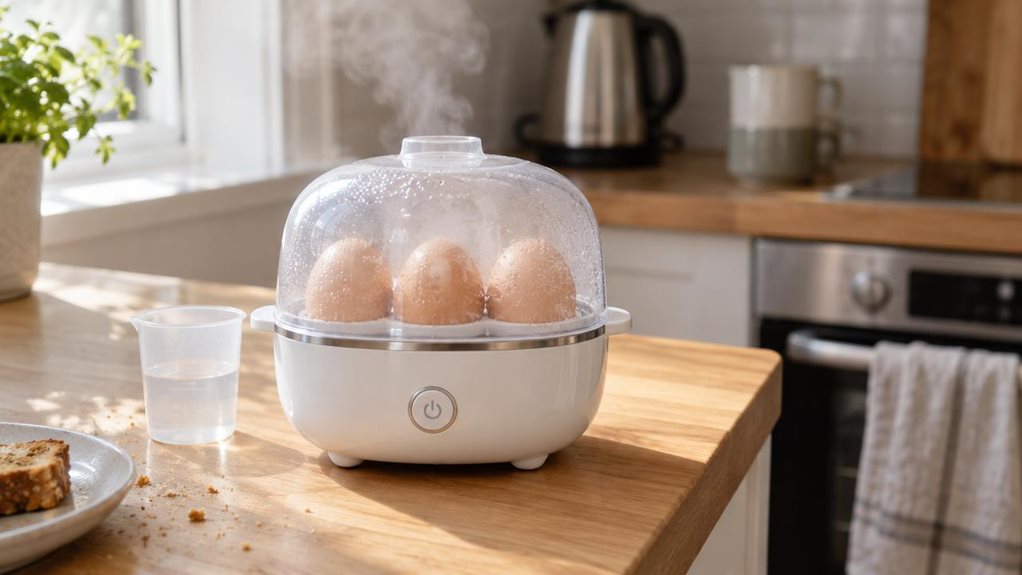 A photograph of a compact white egg cooker sitting on a light wooden kitchen countertop, positioned slightly off-center in the frame. The device has a sleek, rounded design with a transparent plastic lid revealing three soft-boiled eggs inside, steam gently rising and fogging the dome. Morning sunlight streams in from a nearby window, casting soft, warm highlights across the glossy surface of the cooker and creating gentle shadows beneath it. In the softly blurred background,