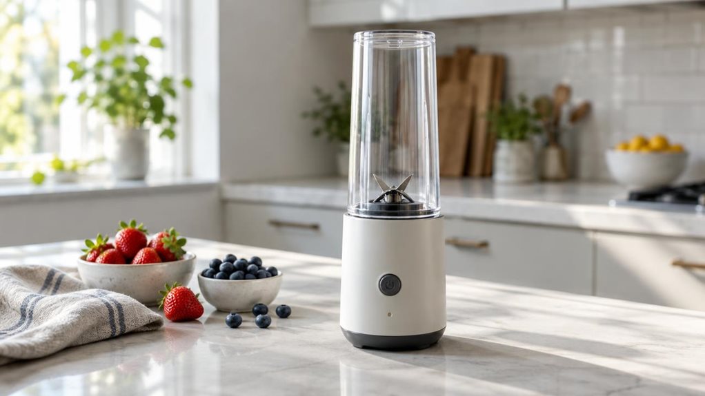 A photograph of a compact personal nutrition mixer resting on a bright, modern kitchen counter, composed horizontally in a 16:9 landscape frame. The single mixer is the clear hero: a sleek, unbranded base paired with a transparent blending cup, its simple controls and realistic materials visible in crisp detail. Nearby, a few strawberries, blueberries, and a folded linen towel suggest an everyday smoothie routine without making the scene feel staged. Soft morning light falls