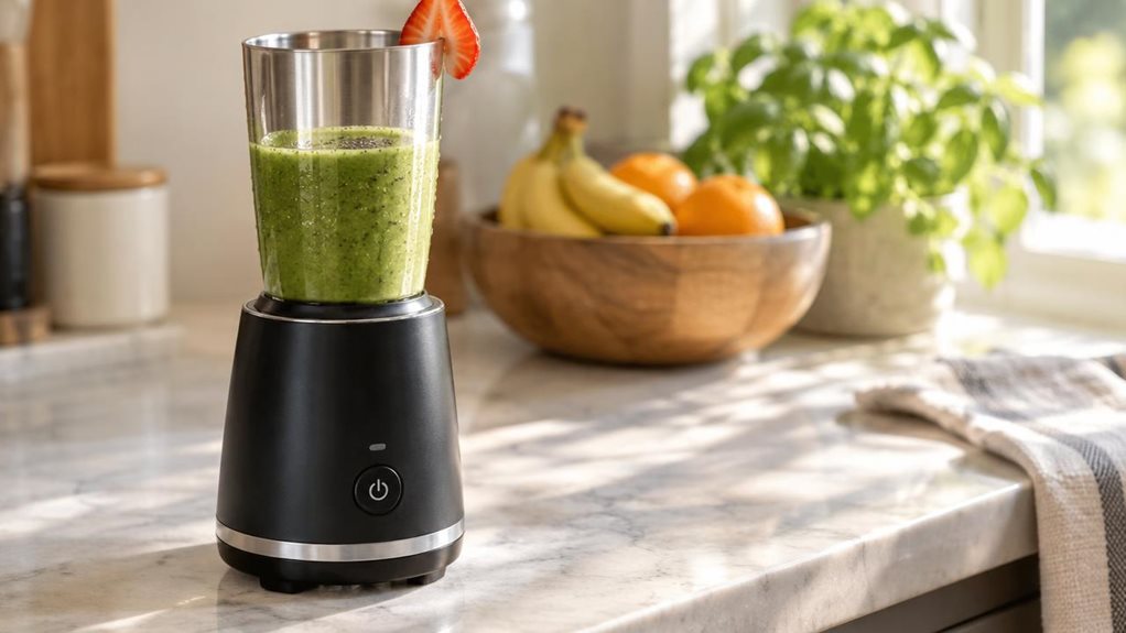 A photograph of a sleek nutrition mixer resting on a sunlit kitchen countertop, its brushed stainless-steel blending cup catching warm morning light streaming through a nearby window. The mixer's compact base is matte black with subtle silver accents, positioned slightly off-center to the left of the frame. A vibrant green smoothie fills the cup halfway, flecked with chia seeds and a slice of fresh strawberry resting on the rim. Condensation beads lightly on the cup's exterio