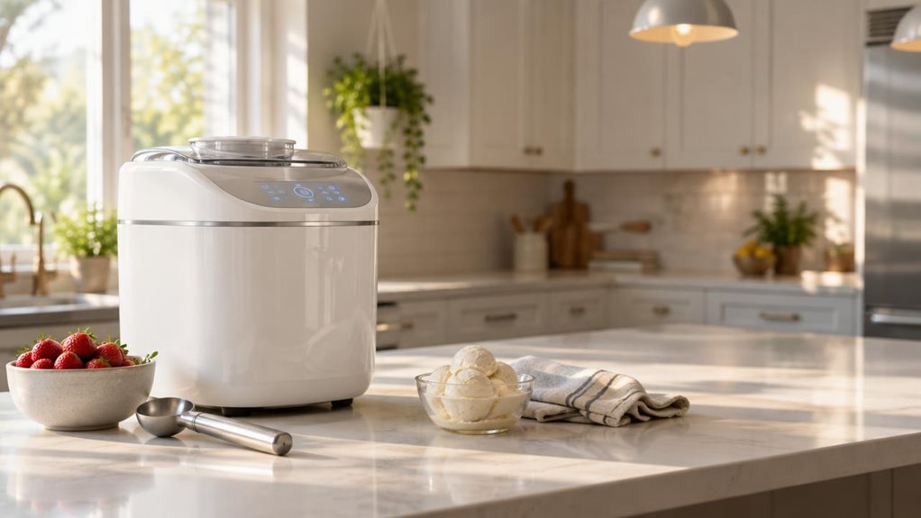 A photograph of a sleek white countertop ice cream maker sitting on a modern kitchen island, its touch-panel display glowing faintly with a soft blue light. The machine's curved, minimalist body reflects warm afternoon sunlight streaming through a nearby window, casting gentle highlights across its glossy surface. Beside it, a half-filled ceramic bowl of fresh strawberries and a stainless steel scoop rest casually, suggesting recent use. A folded linen kitchen towel and a sma
