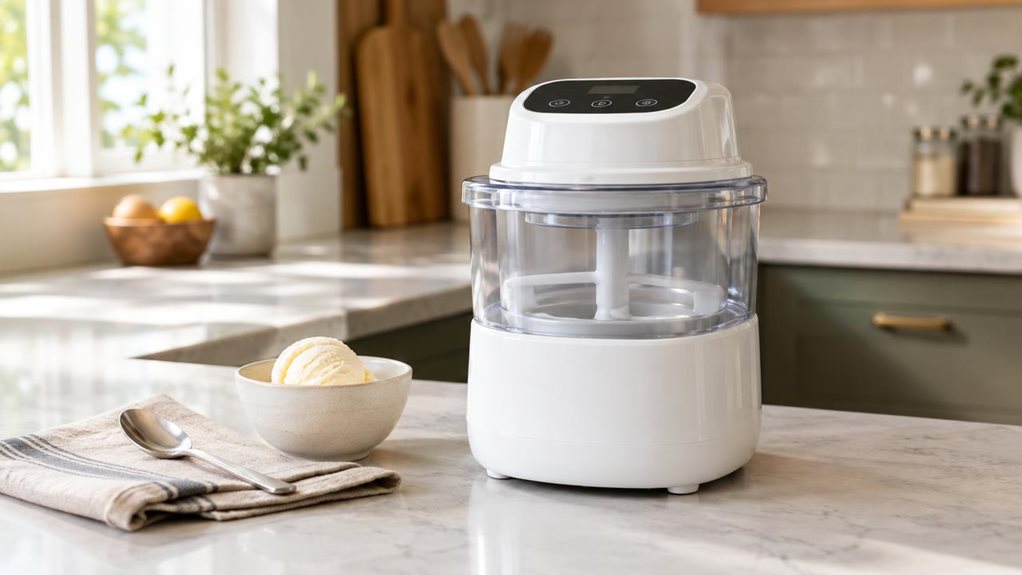 A photograph of a single compact ice cream maker resting on a clean kitchen counter, composed as a horizontal 16:9 landscape scene. The appliance has a sleek white body, a clear mixing bowl, and a subtle dark touch-control panel, with no visible branding. Nearby, a small ceramic bowl holds a scoop of pale vanilla ice cream, and a spoon rests casually on a folded linen towel, suggesting an everyday kitchen setting without showing anyone mid-action. Soft daylight falls across t