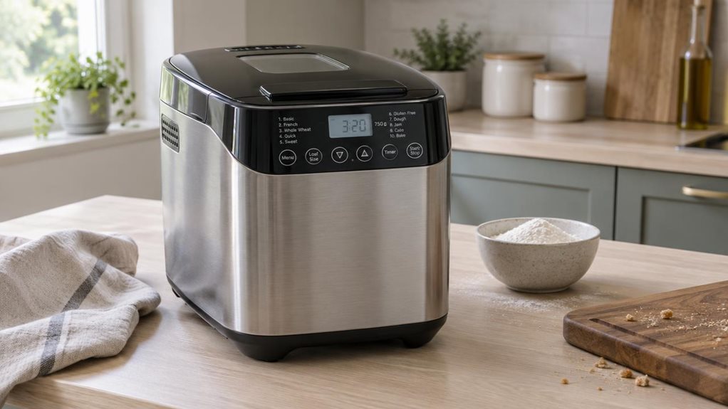 A photograph of a sleek, modern bread maker on a pale oak kitchen countertop, framed in a horizontal 16:9 landscape composition. The appliance is shown in-situ, nestled naturally beside a linen tea towel, a small bowl of flour, and a wooden bread board with a few fresh crumbs, suggesting a quiet morning routine rather than an active cooking scene. Its brushed metal body and glossy black lid catch soft daylight from a nearby window, while the softly blurred background reveals 