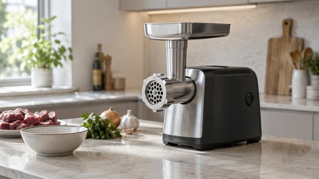 A photograph of a single electric mincer resting on a clean kitchen counter, composed as a 16:9 landscape scene. The compact stainless-steel appliance is the clear hero, with its metal grinding head, feed tray, and sturdy dark housing rendered in realistic detail. A small bowl and a few neatly arranged ingredients sit nearby, suggesting everyday meal preparation without showing the machine in use. The setting feels like a modern home kitchen, with pale stone surfaces, underst