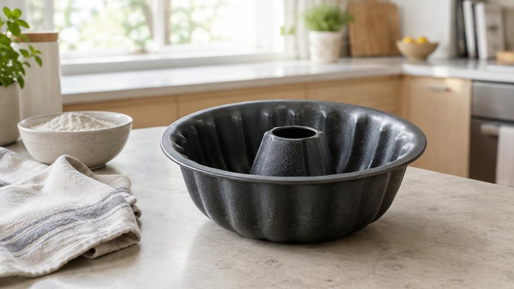 A photograph of a single 24 cm bundt cake mould resting on a pale stone kitchen countertop, its dark, subtly speckled nonstick surface and fluted ring shape clearly visible. The mould is empty and positioned beside a folded linen tea towel and a small bowl of flour, suggesting a home baking setting without appearing staged or mid-action. In the softly blurred background, a bright, modern kitchen with light wood cabinetry and a sunlit window creates a calm, lived-in atmosphere