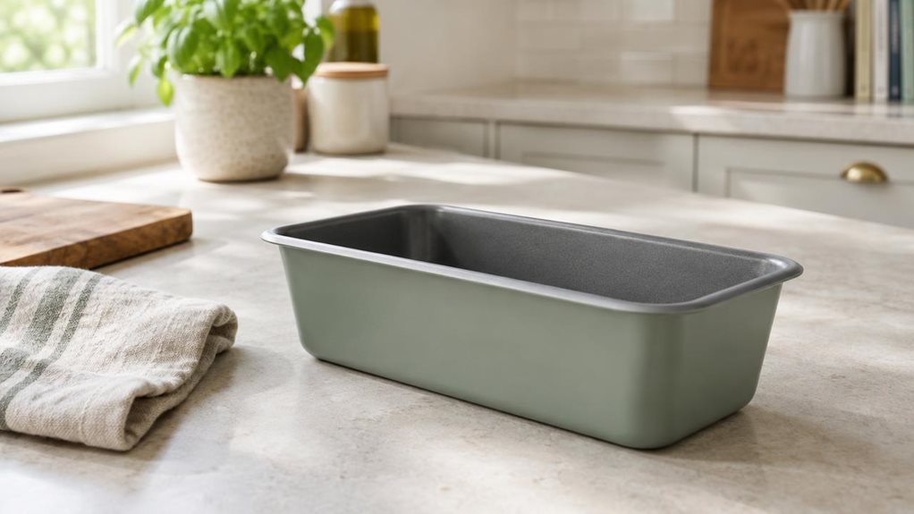 A photograph of a single 22 × 11.5 cm loaf tin resting on a pale stone kitchen counter, its clean rectangular shape and softly rounded corners clearly visible. The tin has a realistic, smooth nonstick interior and a muted sage-green exterior, with subtle highlights along the rim. A folded linen tea towel and a small wooden cutting board sit nearby, suggesting an everyday home-baking setting without distracting from the product. In the softly blurred background, a bright, mode