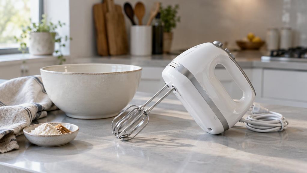 A photograph of a sleek, unbranded hand mixer resting casually on a modern kitchen countertop, framed in a horizontal 16:9 landscape composition. The scene feels candid and observational, as if captured during a quiet moment in a real home rather than staged for advertising. The mixer has a clean white body with subtle silver accents, a smooth ergonomic handle, and a neatly coiled cord lying beside it. Nearby sit a ceramic mixing bowl, a folded linen towel, and a small dish o