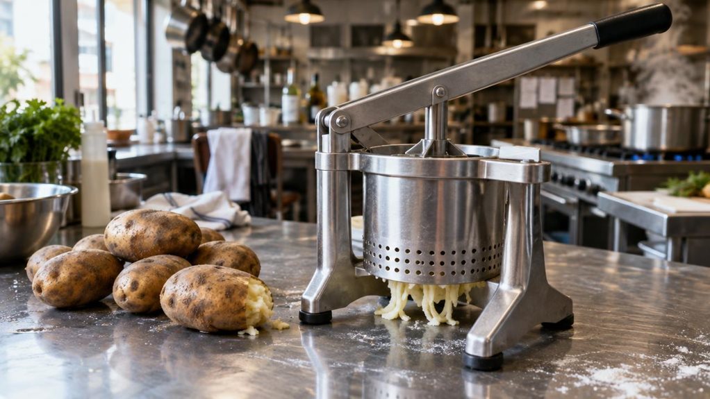 A photograph of a commercial-grade jumbo potato press resting on a stainless steel kitchen counter in a bustling restaurant prep area. The press, with its heavy-duty metal construction and long lever handle, sits prominently in the foreground, slightly off-center to the right, catching soft natural light streaming in from a nearby window. Its brushed steel surface reflects muted highlights, emphasizing the sturdy, industrial design. Beside it, a small pile of freshly washed r