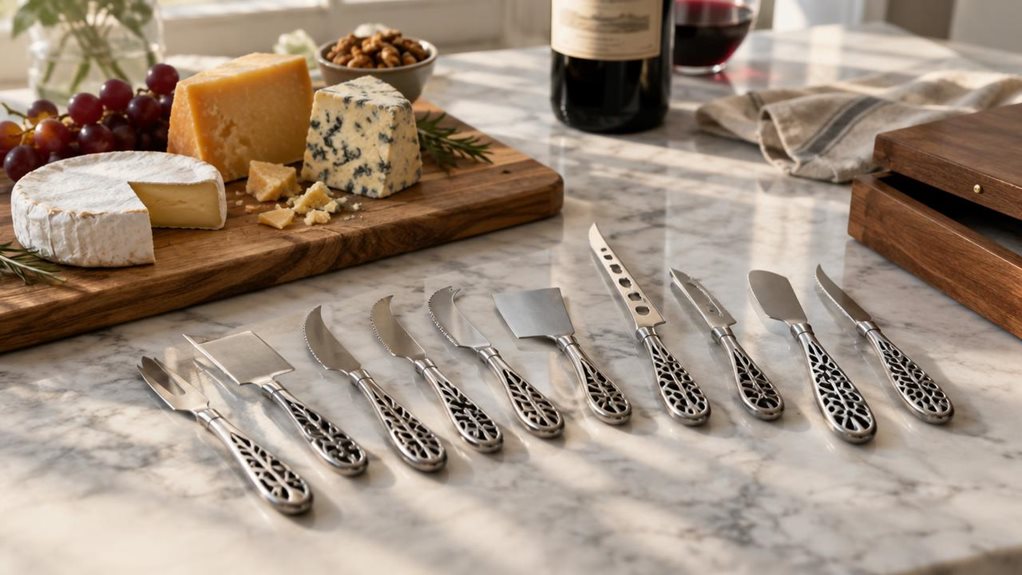 A photograph of a wooden cheese board resting on a marble kitchen countertop, with a set of twelve cheese knives arranged artfully beside wedges of brie, aged cheddar, and blue cheese. The knives feature polished stainless steel blades with ornate pierced handles, each design distinct—a fork-tipped spreader, a curved soft cheese knife, a sharp hard cheese blade—fanned out in a loose arc as though just unpacked and examined. Natural afternoon light spills in from a nearby wind