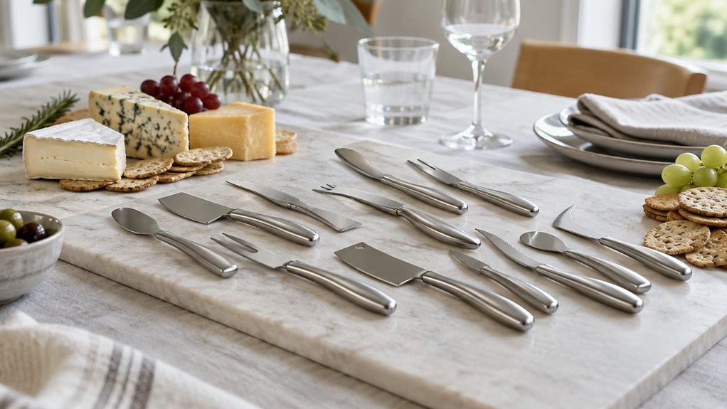 A photograph of a single set of 12 elegant cheese knives arranged casually on a pale stone serving board in a bright, modern dining room. The polished stainless-steel blades and softly curved handles catch the gentle daylight from a nearby window, while a few wedges of cheese, crackers, and grapes sit naturally beside them. The knives are the clear hero, shown in a relaxed, in-situ arrangement as if a host had just set the table, with no person or action in view. Softly blurr