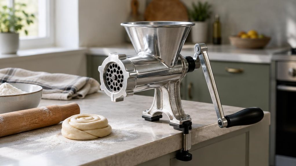 A photograph of a single sturdy manual meat mincer resting on a light stone countertop in a calm, modern home kitchen, composed horizontally in a 16:9 landscape frame. Its polished metal body, dark handle, clamp, and wide feed tray are clearly visible, with a small coil of pastry dough and a wooden rolling pin nearby to suggest its versatility for meat and pastry preparation. The mincer is the hero, shown naturally in its everyday setting rather than in use; a folded linen to