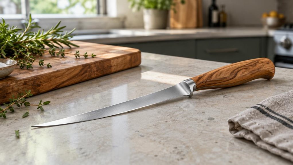 A photograph of a single 18 cm fillet knife resting naturally on a pale stone kitchen counter beside a wooden cutting board. Its slender, gently curved stainless-steel blade catches a soft strip of window light, while the warm olive-wood handle shows subtle grain and a smooth, comfortable shape. A few sprigs of fresh herbs and a folded linen towel sit nearby, suggesting a home kitchen without distracting from the knife. The scene is candid and observational, as if casually ca