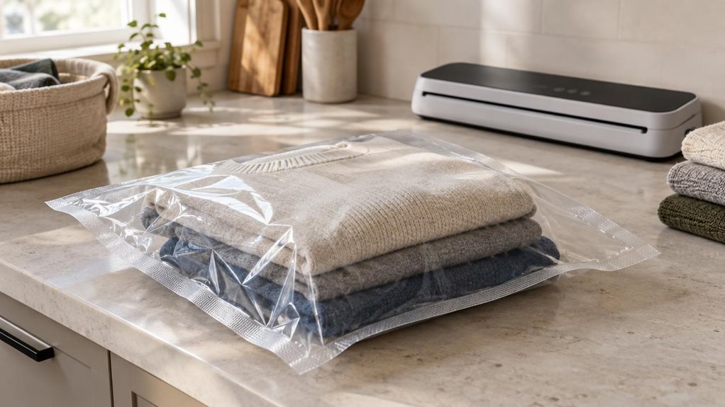A photograph of a single clear vacuum-seal bag resting on a light stone kitchen countertop, with a small stack of neatly folded sweaters visible inside. The bag is the hero of a horizontally composed 16:9 landscape scene, its textured sealing edge and smooth transparent surface sharply in focus. Nearby, a compact vacuum sealer sits casually against a pale backsplash, while a few extra folded garments and a linen basket suggest everyday home use without crowding the frame. The