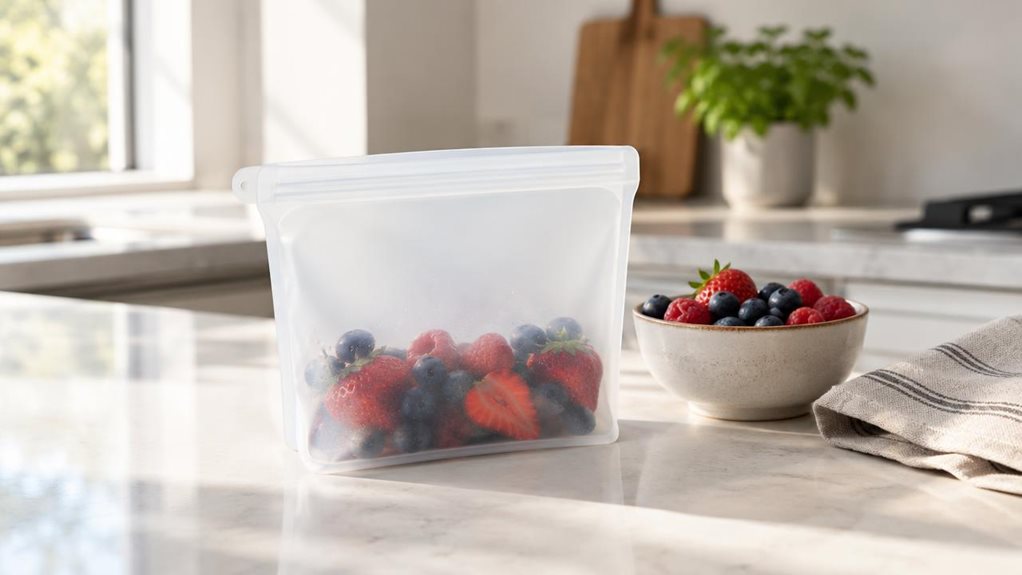 A photograph of a single clear silicone food storage bag with a matte frosted finish, resting casually on a clean quartz kitchen counter in a modern, sunlit home. The scene is composed in a horizontal 16:9 landscape frame, with the bag heroed in the foreground beside a small bowl of fresh berries and a folded linen towel, suggesting everyday use without any action. Soft natural morning light streams in from the left, creating gentle highlights along the bag’s rounded edges an