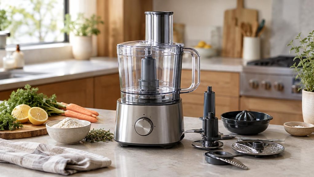 A photograph of a single sleek food processor on a bright, modern kitchen counter, composed horizontally in a 16:9 landscape frame. The processor is the clear hero: a compact brushed-metal base with a transparent mixing bowl, fitted lid, and neatly arranged attachments visible nearby. Fresh ingredients—halved lemons, herbs, a few carrots, and a small bowl of flour—sit casually around it, suggesting everyday meal preparation without showing anyone mid-action. The setting feels