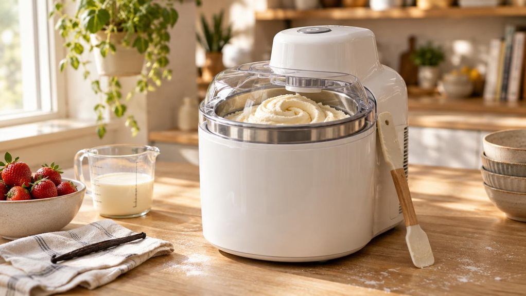 A photograph of a sleek white ice cream maker resting on a light oak kitchen countertop, positioned slightly off-center in a horizontally composed 16:9 frame. The compact compressor unit features a clear lid revealing a freshly churned swirl of creamy vanilla ice cream inside the stainless steel bowl, with a rubber spatula leaning casually against its side. Soft morning sunlight streams in from a nearby window, casting gentle highlights across the appliance's rounded, modern 