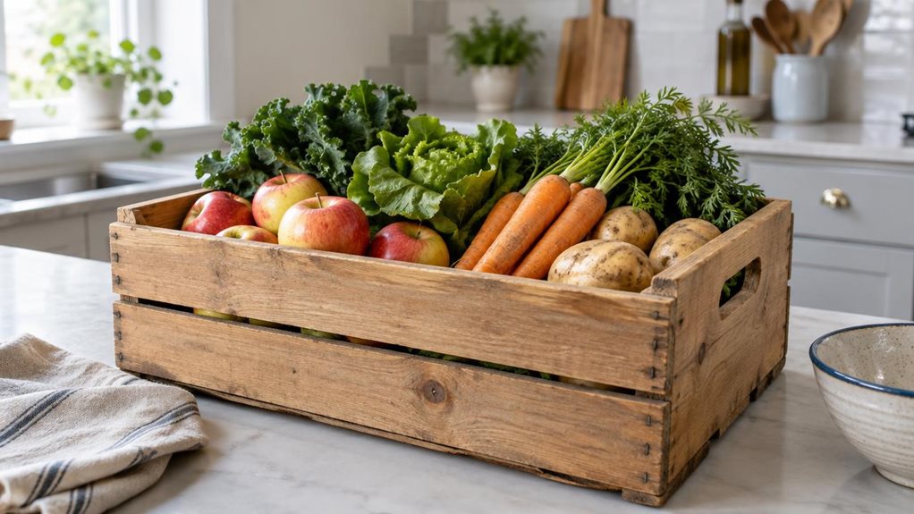 A photograph of a single wooden fruit and vegetable box resting on a kitchen counter in a bright, lived-in home. Composed horizontally in a 16:9 landscape frame, the box is the clear hero, filled with fresh apples, carrots, leafy greens, and a few potatoes. Its natural wood grain, sturdy slatted sides, and practical handles are sharply detailed, with subtle signs of everyday use. A folded tea towel and a ceramic bowl sit nearby, adding a relaxed, authentic touch without distr