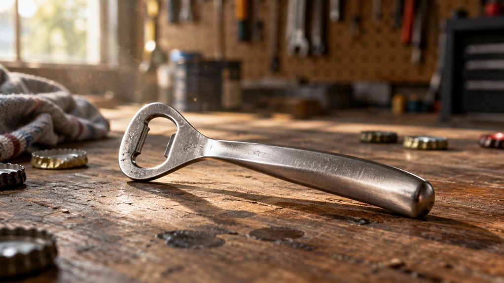 A photograph of a polished steel bottle opener resting on a weathered wooden workbench inside a sunlit garage workshop. The 16:9 landscape composition captures the tool angled diagonally across the frame, its forged metal body catching warm afternoon light streaming through a nearby window. Fine scratches and subtle wear on the opener's surface hint at genuine daily use, while the ergonomic curve of its handle shows a matte, brushed-metal finish. Scattered around it, slightly