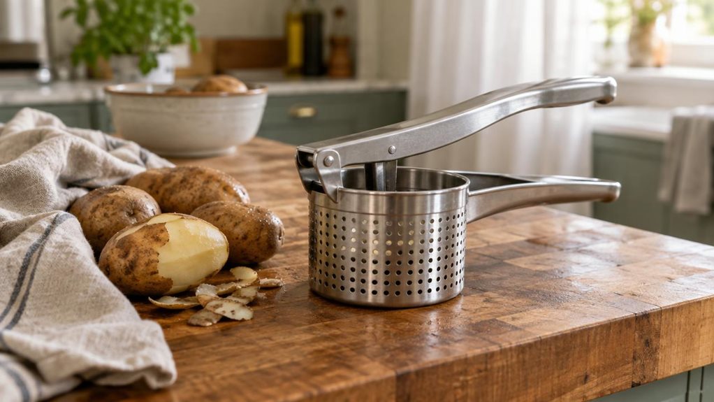 A photograph of a stainless steel potato press resting on a weathered butcher-block kitchen counter, captured in a wide 16:9 landscape composition. The press sits slightly off-center to the right, its long handles catching soft, natural light streaming in from a nearby window. A small pile of russet potatoes, one partially peeled, rests beside it, along with a linen kitchen towel draped loosely nearby. Behind the press, a blurred background reveals hints of a modern kitchen—m