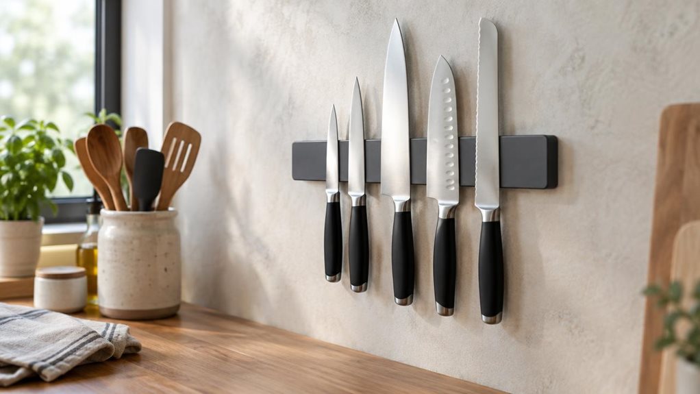 A photograph of a 12-inch magnetic knife holder mounted on a pale, softly textured kitchen backsplash, shown in a horizontally composed 16:9 landscape scene. The slim, understated holder is the clear hero, with several kitchen knives resting neatly against it, their handles aligned and blades catching a subtle gleam. A wooden countertop, a small ceramic utensil crock, and a folded linen towel sit nearby, suggesting a lived-in but uncluttered modern kitchen. The composition fe