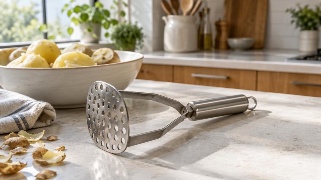 A photograph of a single sturdy stainless-steel potato masher resting naturally on a pale stone kitchen counter, its broad perforated mashing plate and solid handle clearly visible. A bowl of freshly boiled potatoes sits nearby with a folded linen towel and a few scattered potato skins, suggesting an everyday cooking moment without showing anyone in action. The masher is the unmistakable hero, captured at a relaxed three-quarter angle with realistic brushed-metal reflections
