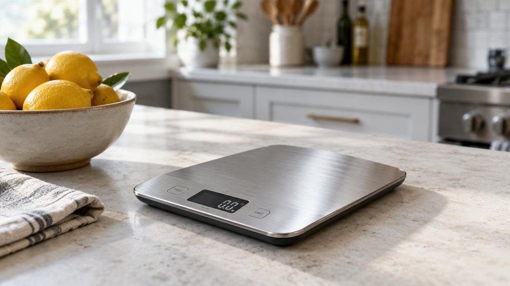 A photograph of a single stainless-steel digital kitchen scale resting on a pale stone countertop in a bright, modern home kitchen. The scale is the clear hero, shown at a natural three-quarter angle with its brushed metal platform, slim profile, and small dark digital display sharply in focus. A ceramic bowl of fresh lemons and a folded linen towel sit nearby, adding quiet everyday context without distracting from the product. The scene feels candid and observational, as if 