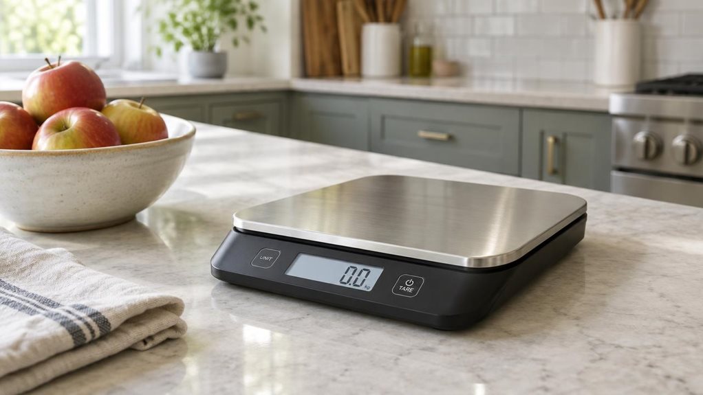 A photograph of a single modern kitchen scale resting on a pale stone countertop in a bright, lived-in home kitchen, composed as a horizontal 16:9 landscape scene. The scale is the clear hero: a sturdy, low-profile platform with a clean stainless-steel weighing surface and a discreet digital display, suggesting precise measurements up to 20 kilograms. Nearby, a ceramic bowl of apples and a folded linen towel add natural kitchen context without crowding the frame. The composit